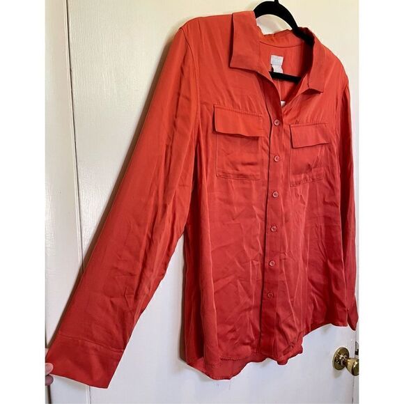Chicos SANDWASH SATIN SHIRT LS Fashion Top ORANGE SPICE NWT size 12/14. - Picture 2 of 10